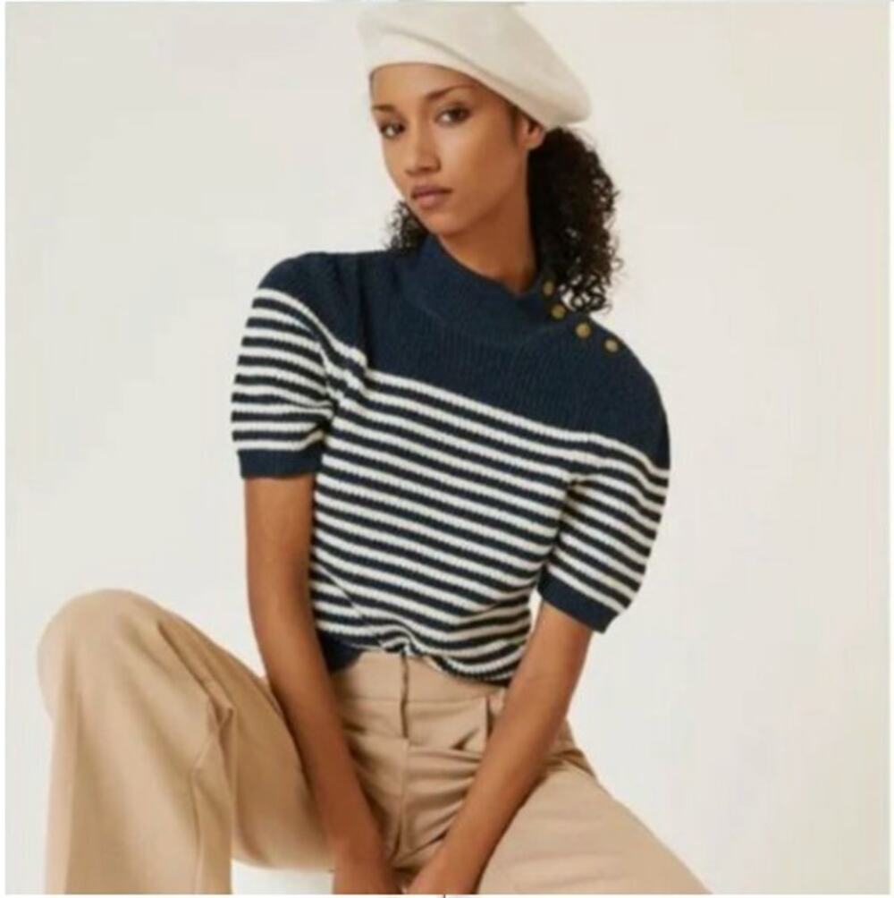 Maeve Anthropologie Puff Short Sleeve Sweater Tee Striped Buttons Knit Navy SZ1X